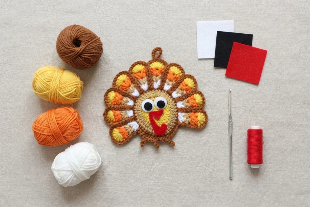 Flat lay of a single crocheted turkey coaster with a fan-shaped tail in brown, orange, yellow and white, googly eyes and a red felt wattle, surrounded by balls of brown, yellow, orange and white yarn, white, black and red felt squares, a si
