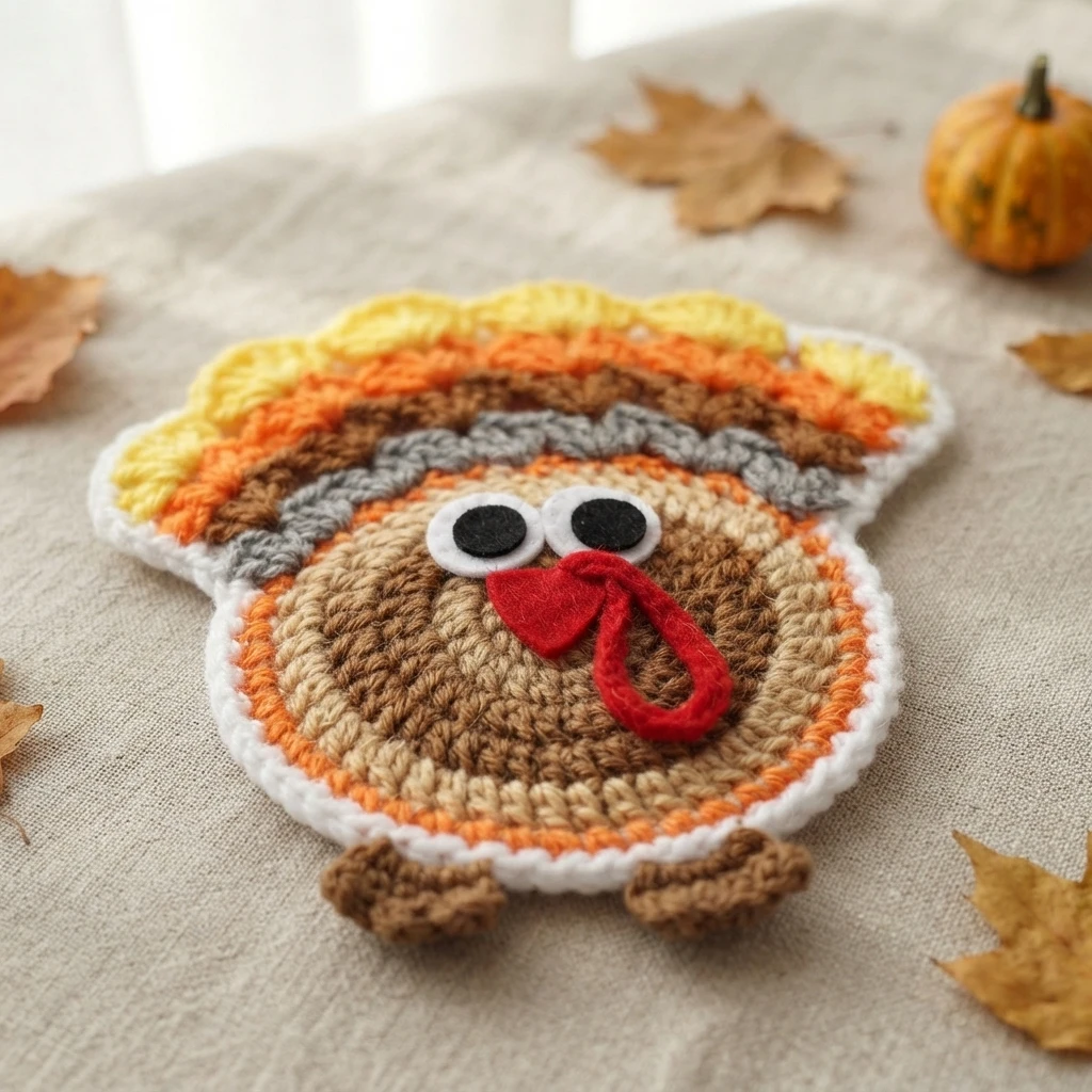 Crochet turkey coaster with a brown and tan round body, white and black felt eyes, red felt beak and snood, and a fan shaped tail in yellow, orange, brown and grey, lying on beige linen with dried leaves and a small pumpkin.