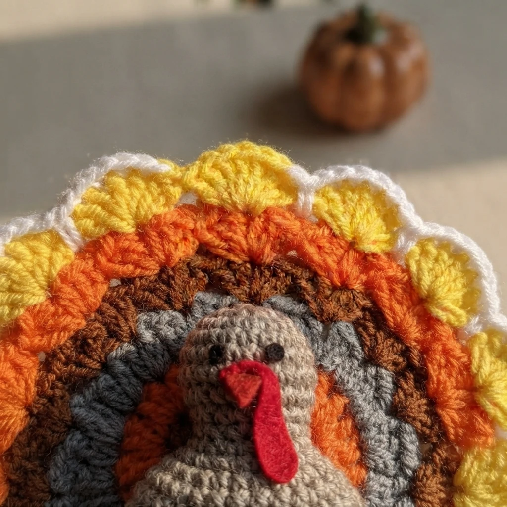 Close-up of a crocheted turkey coaster with a grey and beige body, a red felt beak and snood, and a fan-shaped tail worked in yellow, orange, brown, grey and white, with a blurred pumpkin in the background.