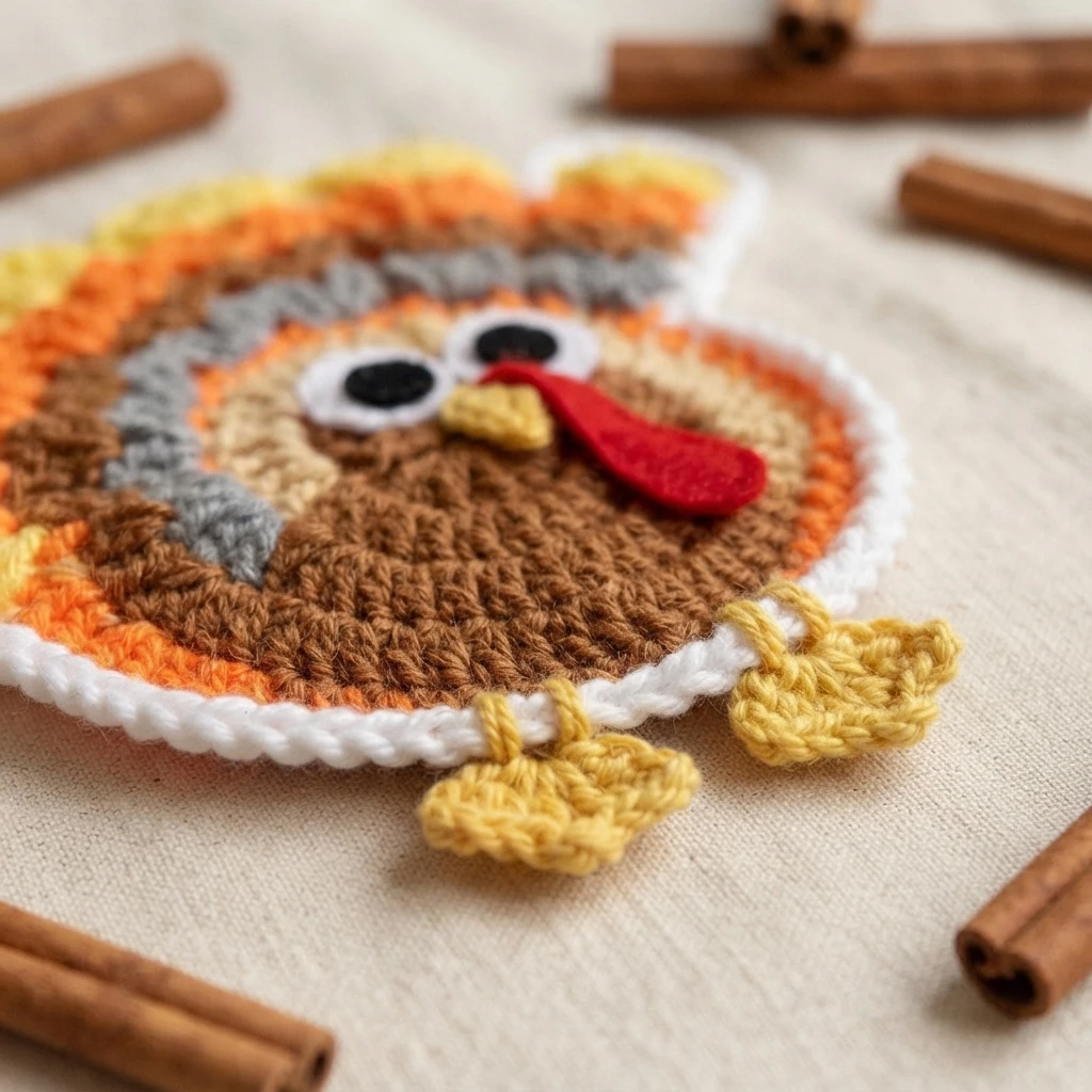 Single crocheted turkey coaster with a white border, layered orange, yellow, brown and grey tail feathers, felt eyes and a red snood, resting on a linen cloth surrounded by cinnamon sticks.