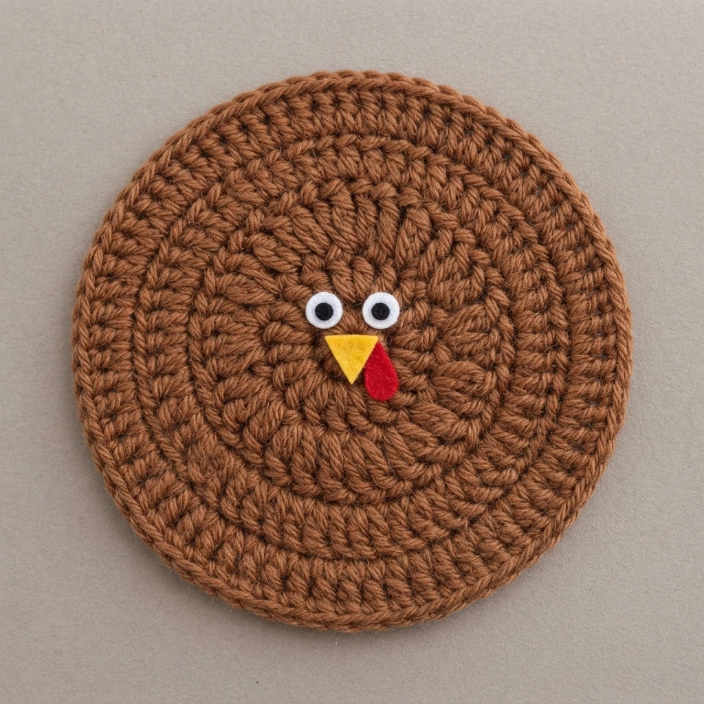 Brown crocheted round coaster lying flat on a grey surface, with two googly eyes, a yellow felt beak and a red felt wattle in the center