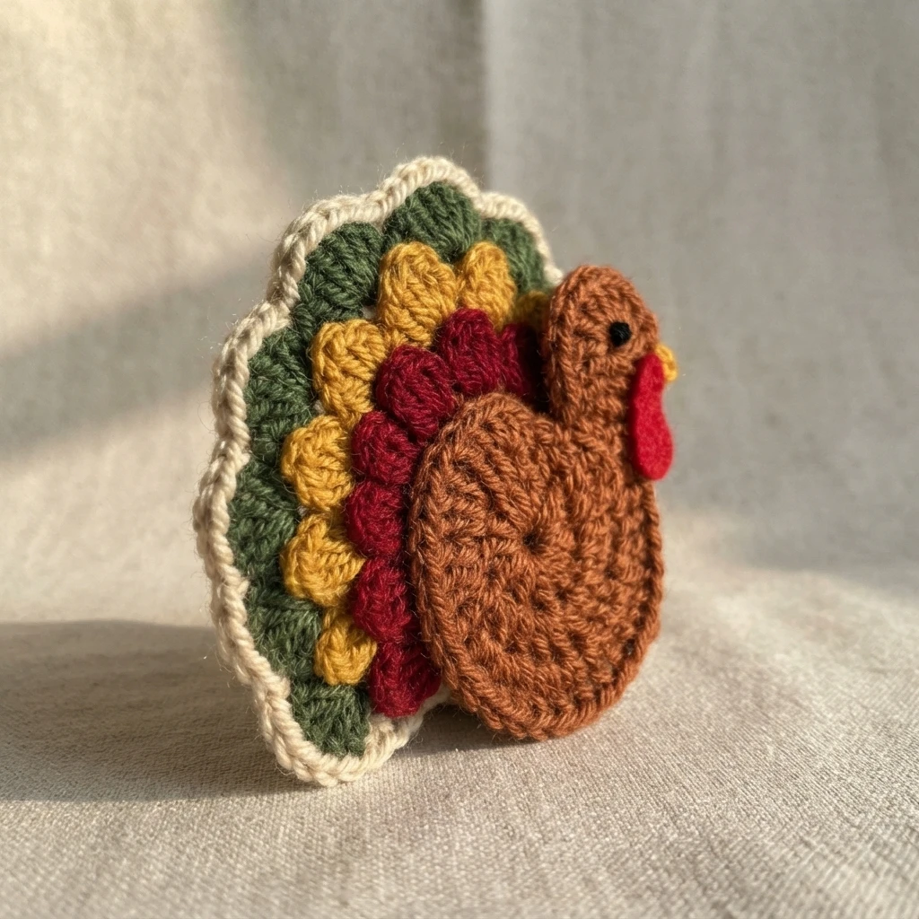 Finished crocheted turkey standing on beige fabric, with a brown textured body, a red crocheted wattle, and a fan of green, yellow and dark red feathers edged in cream, lit by soft daylight.