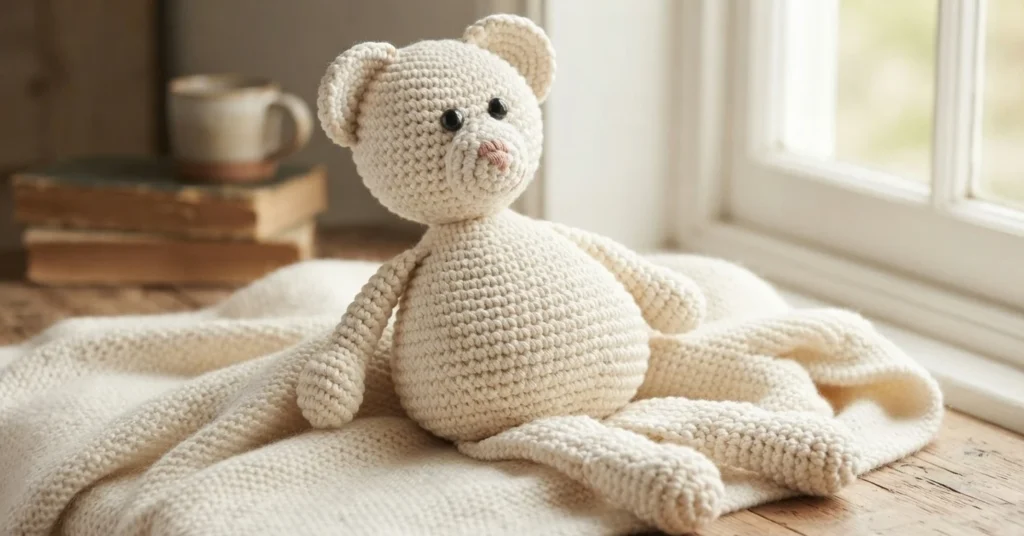 A cream crochet teddy bear with black safety eyes and an embroidered pink nose, sitting on a folded knit blanket near a window with books and a mug behind it.