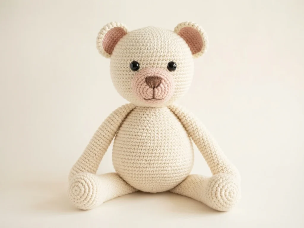 Finished cream crocheted teddy bear with black safety eyes, pink inner ears and a pink embroidered muzzle, sitting against a plain light background.