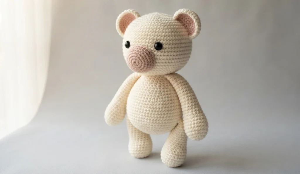 Cream crocheted bear standing with pink inner ears and muzzle and black bead eyes on a light background