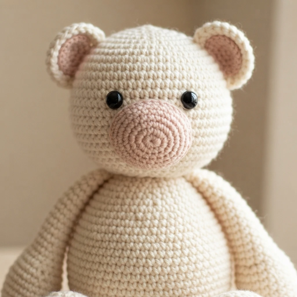 Close-up of a cream crochet bear with pink muzzle and pink inner ears, black safety eyes, shown from the head down to the belly.