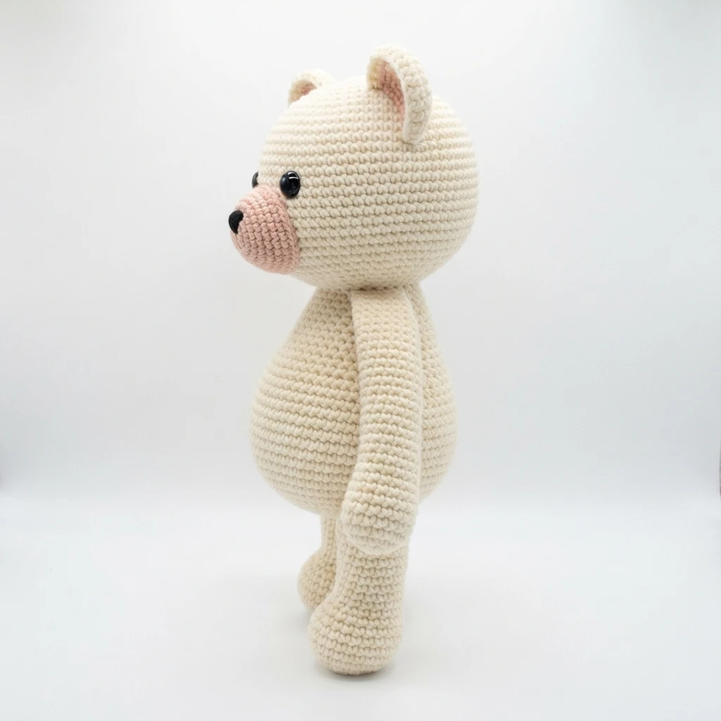 Finished off-white crochet bear with black safety eyes, pink muzzle and inner ears, shown standing in side profile on a white background.