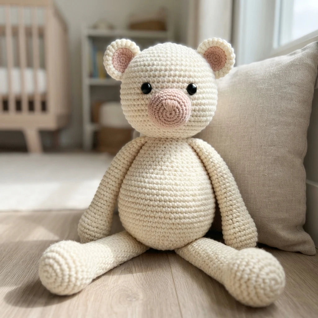 Cream crochet bear with pink muzzle and inner ears sitting on a wooden floor next to a beige cushion