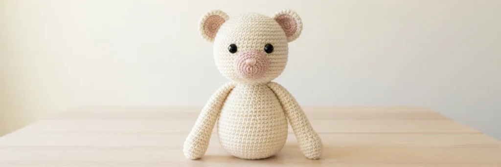 Crocheted cream teddy bear with black safety eyes, a pink muzzle and pink inner ears, sitting on a light wooden table against a plain background.