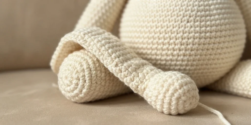 Close-up of a cream crochet bear with one floppy unstuffed leg draped across its round paw, resting on a beige sofa.