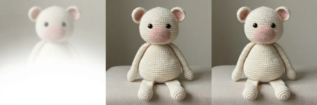 Cream crochet bear with pink inner ears and pink muzzle, shown sitting in a three panel illustration with one blurred panel