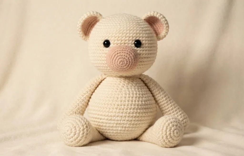 Finished cream crochet bear with black safety eyes and pink inner ears, seated against a soft neutral backdrop.