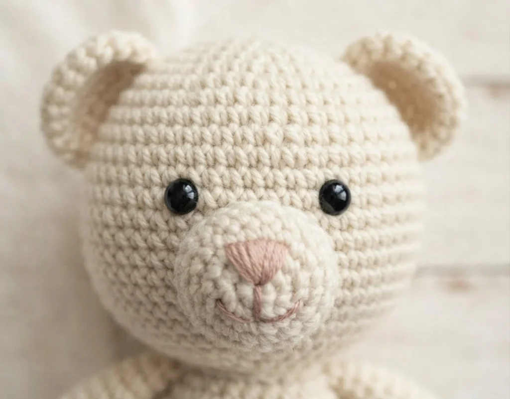 Close-up of an off-white crochet bear head with black safety eyes and an embroidered pink nose and mouth.
