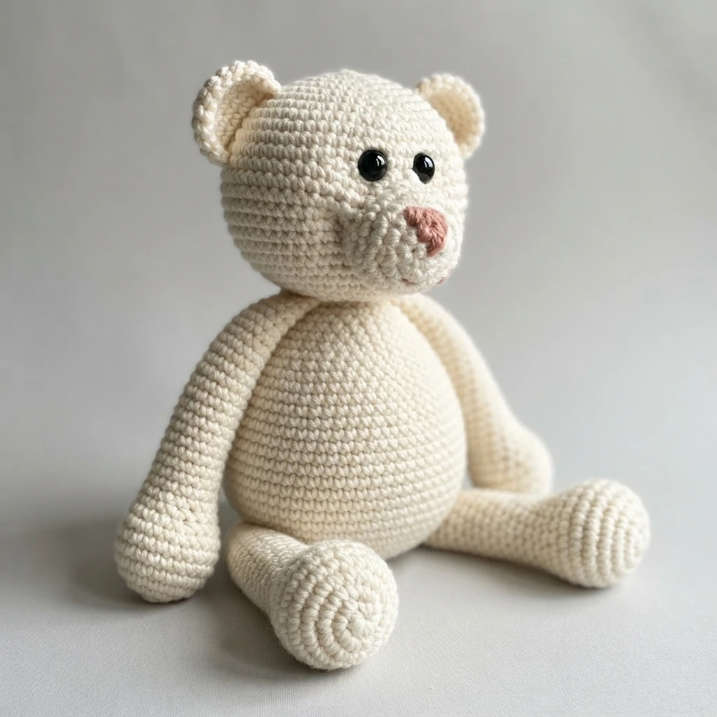 Finished off-white crochet bear with black safety eyes and an embroidered pink nose, seated with floppy limbs on a plain light background