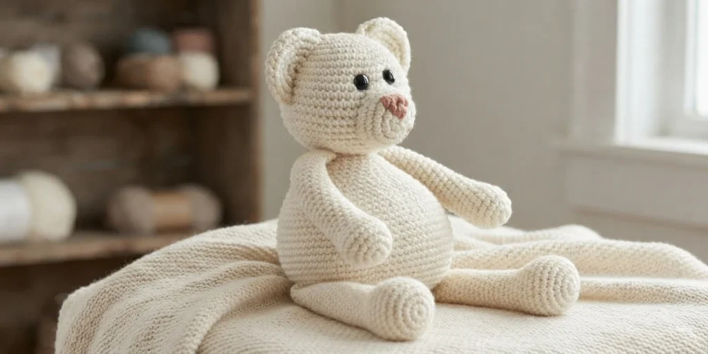 Crocheted cream teddy bear with black safety eyes and an embroidered nose, sitting on a knitted blanket with a blurred shelf of yarn balls behind it.