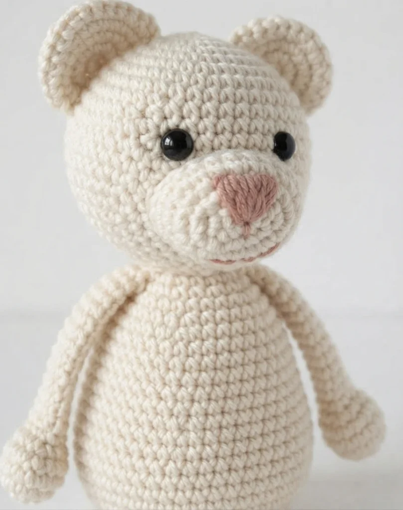 Close-up of a cream crocheted teddy bear with black safety eyes, embroidered pink nose and mouth, rounded body and floppy arms, cropped at mid-body on a white background.