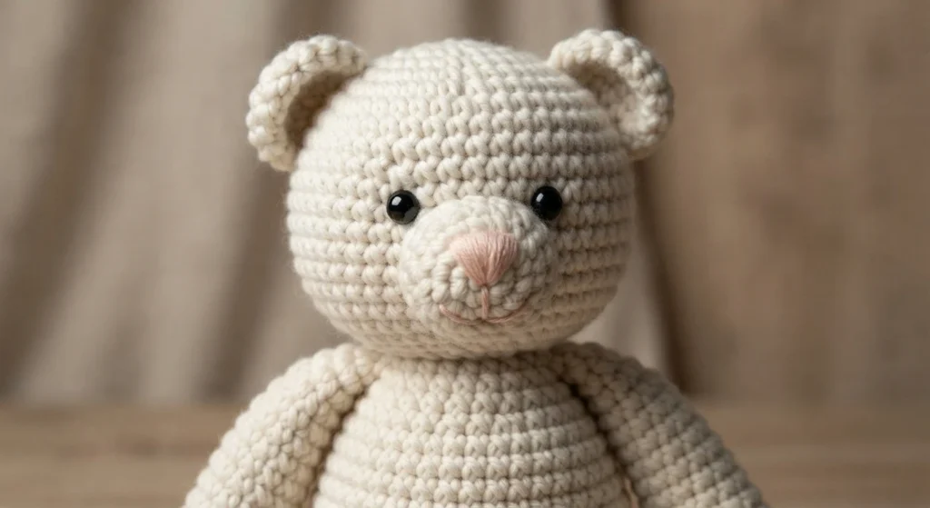 Close-up of a cream crocheted bear with black safety eyes and a pink embroidered nose and mouth.