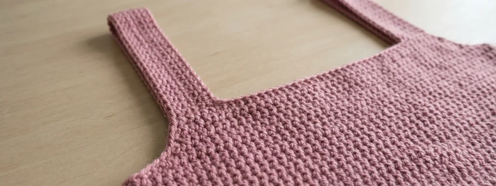A dusty-pink crocheted garment panel with two narrow straps resting on a wooden surface.