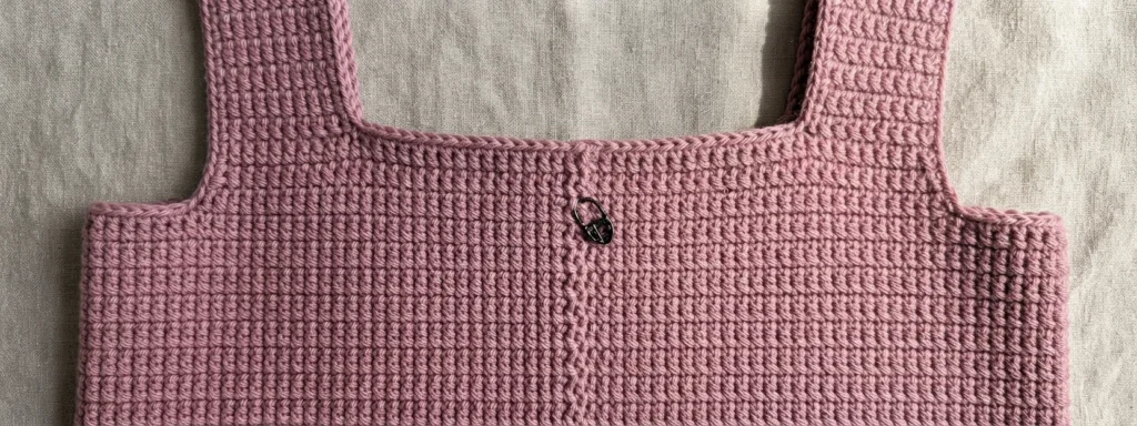 Close view of a dusty pink crocheted garment panel with shoulder straps, a square neckline, and a black stitch marker.