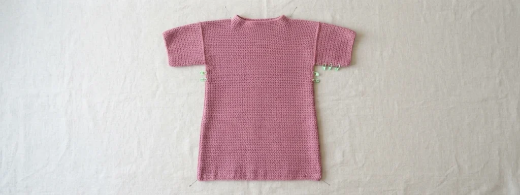 A solid pink crocheted dress laid flat, with short sleeves and several clips and pins holding its edges in place.