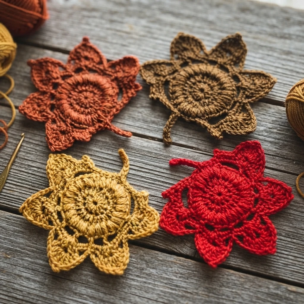 Quatre motifs crochetés rouges, rouille et ocre, aux lobes pointus et au centre rond, posés sur une table en bois avec des pelotes de laine aux bords de l’image.