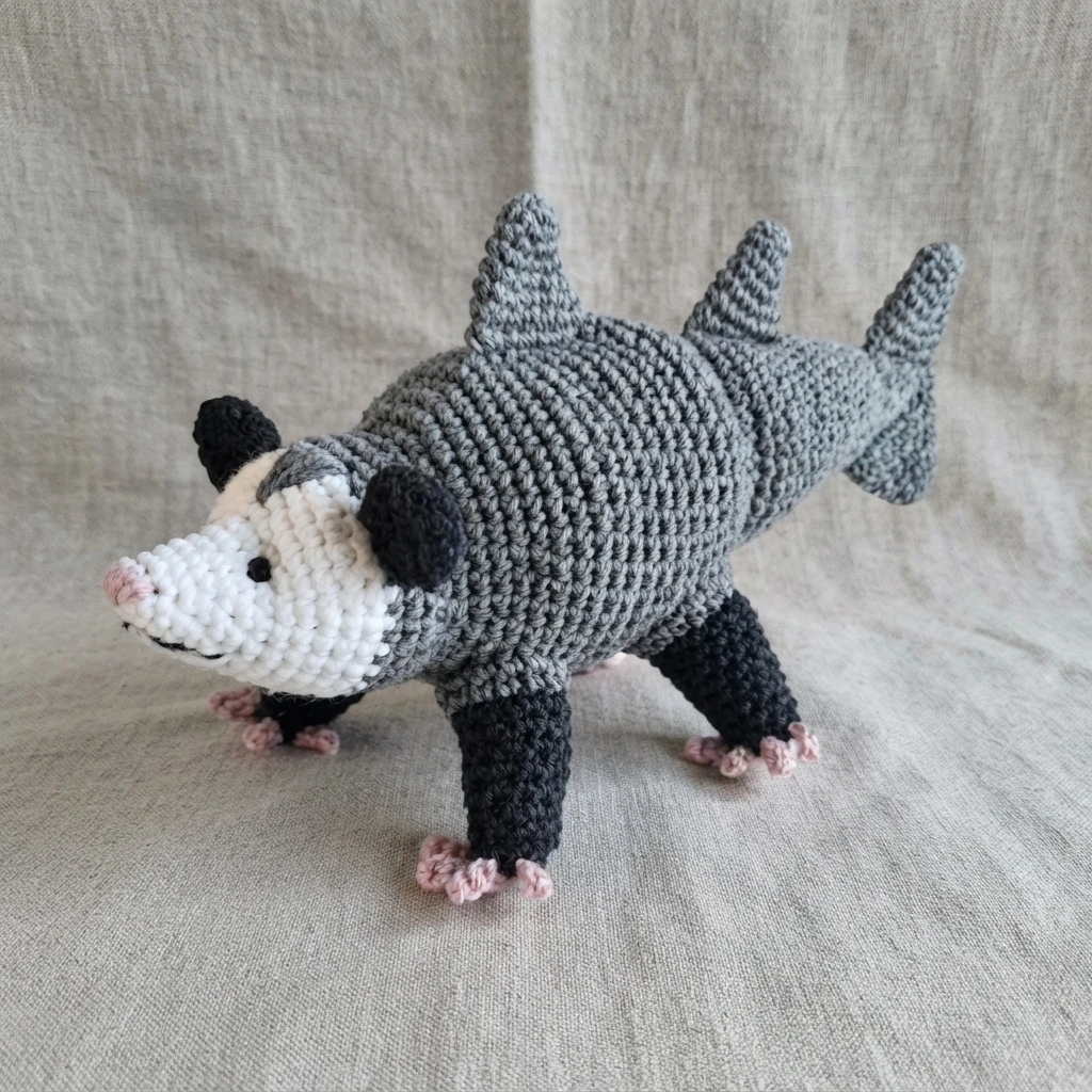 Finished crocheted amigurumi opossum with a shark tail and fins: gray body, white face with a pink nose, black ears, black legs with pink toes, standing on a draped beige fabric.