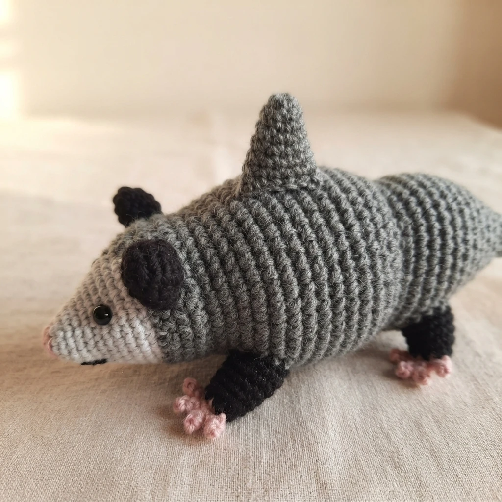 Crocheted gray opossum plush with shark features, a tall gray back fin, white snout, black ears and black legs ending in pink toes, lying on light beige fabric.