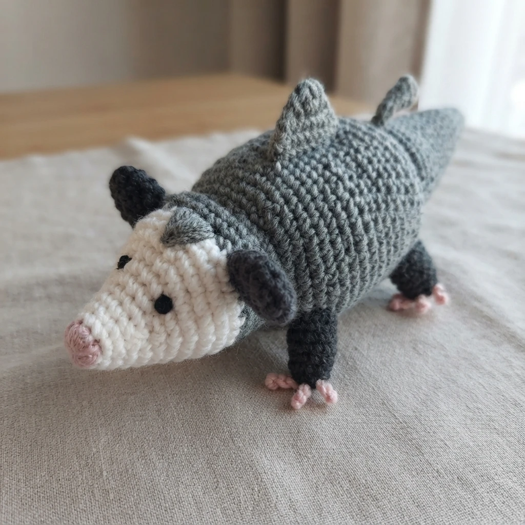 Crocheted shark opossum plush with a grey body, white face, black ears and black legs, pink toes, a dorsal fin and tail fins, resting on a beige fabric surface.