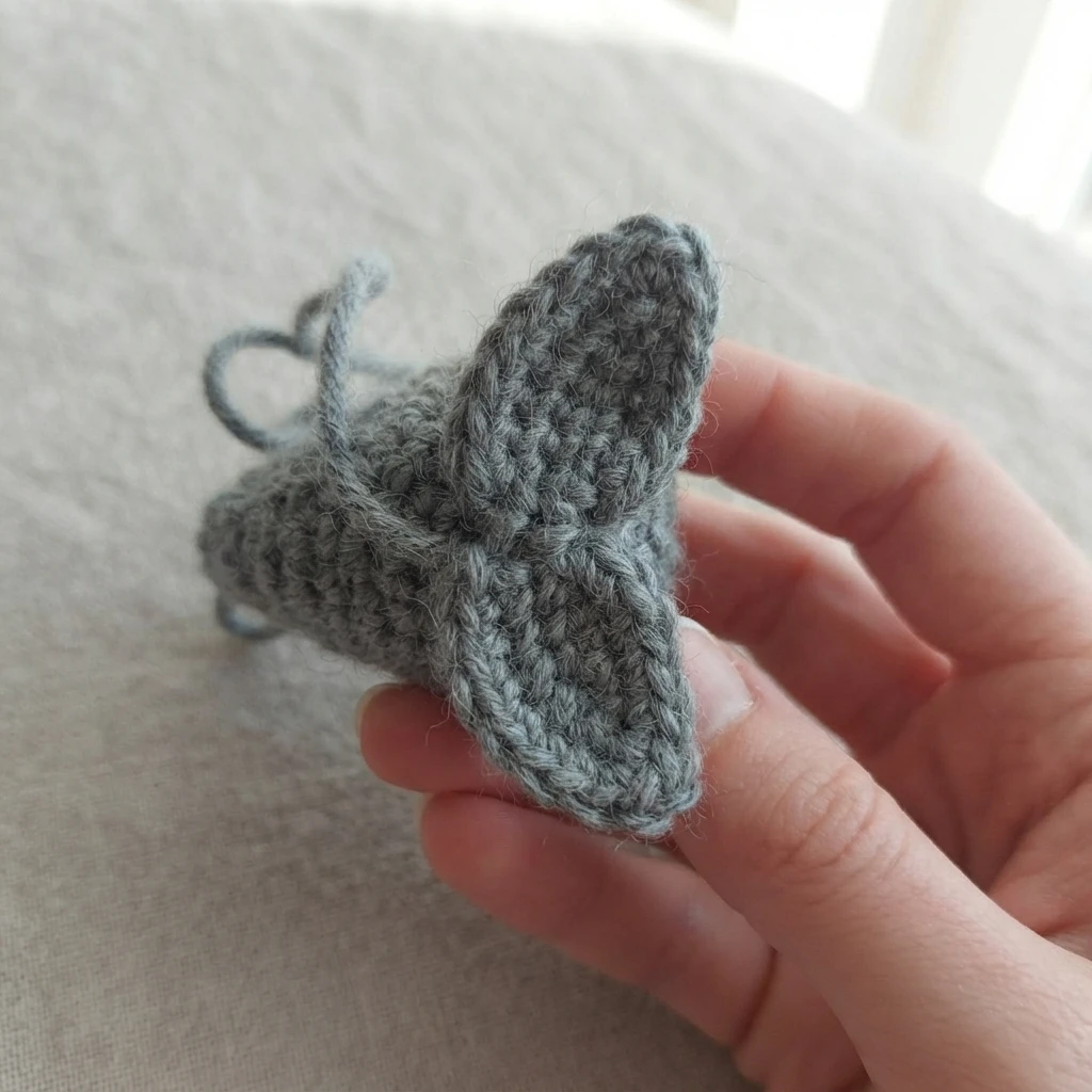 A hand holding a small gray crocheted fin with a folded, pointed shape and two loose yarn tails, shown close up above a soft beige fabric surface.