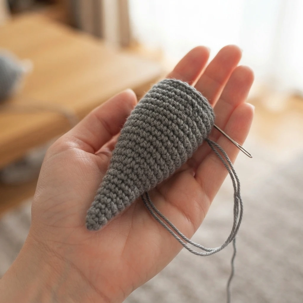 A hand holding a small gray crocheted cone shaped tail piece with a metal darning needle and gray yarn, against a softly blurred indoor background.