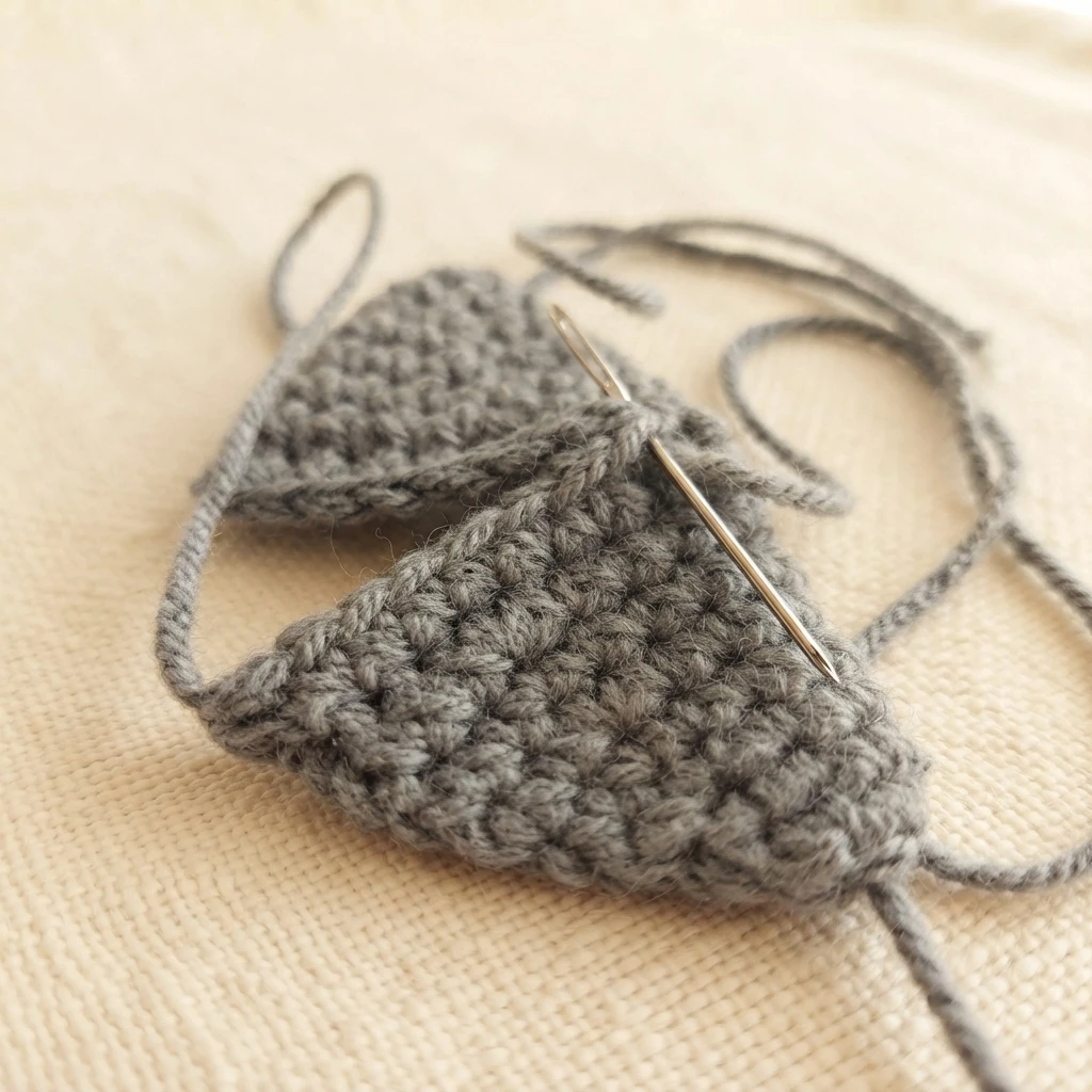 Two gray crocheted fin pieces being joined with a tapestry needle and yarn, resting on a beige textured fabric surface.