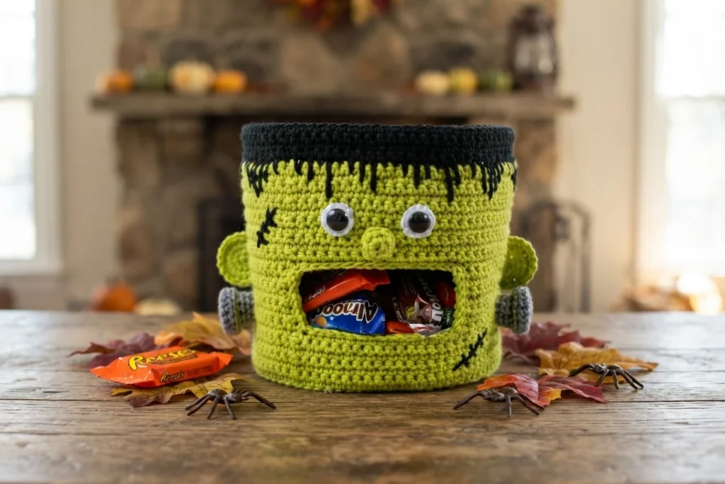 Green crocheted Frankenstein candy bowl with a black rim, googly eyes, side bolts, stitched scars, and candy in its open mouth.
