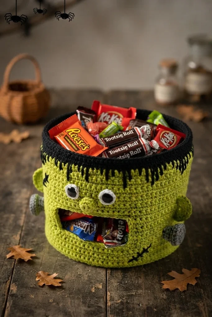 A green crocheted monster candy bowl with a black rim, googly eyes, gray side bolts, and a candy-filled mouth, packed with candy on a wooden table.