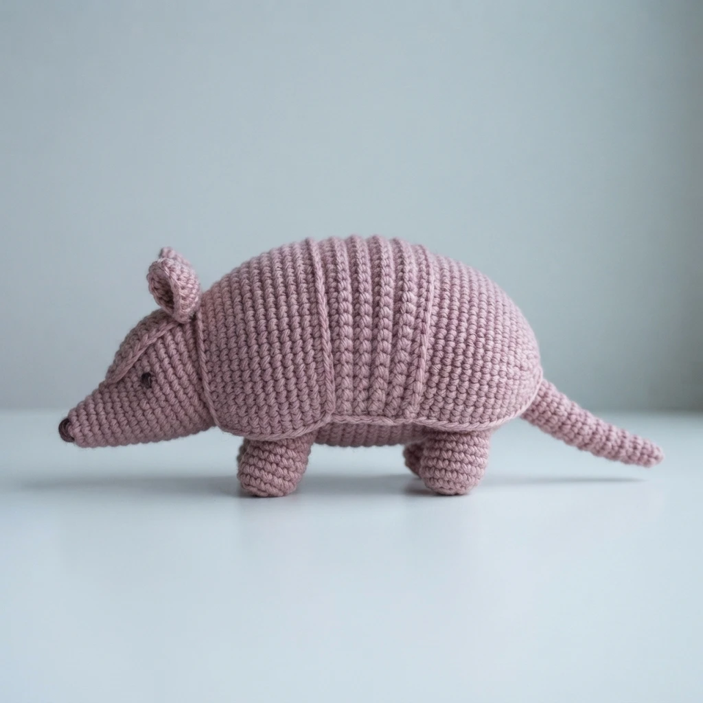 Crocheted armadillo amigurumi in dusty pink with a ribbed shell, standing in profile on a light-grey background