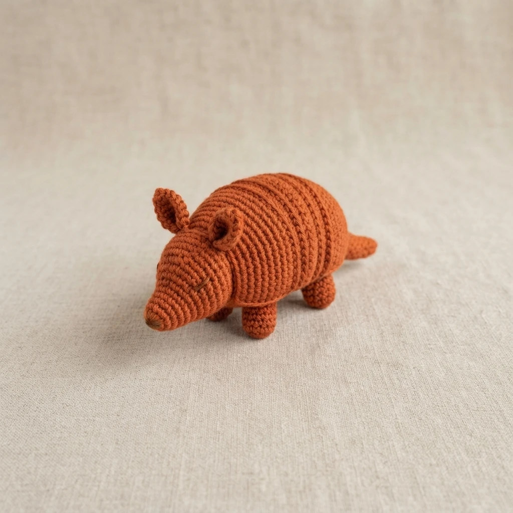 Crocheted armadillo toy in rust-orange yarn standing on a beige fabric background, shown in three-quarter view