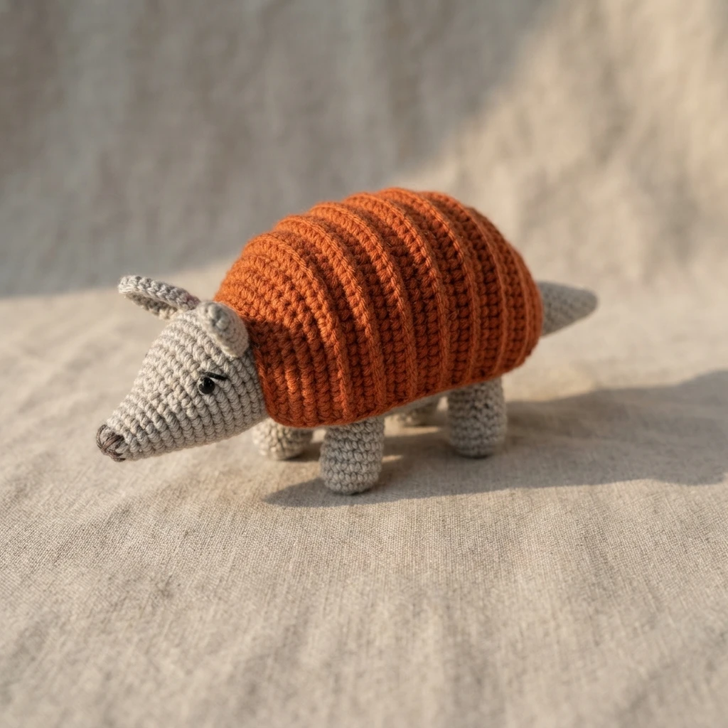 Crocheted armadillo amigurumi with a rust-orange banded shell and grey head, legs and tail, standing on a linen fabric background.