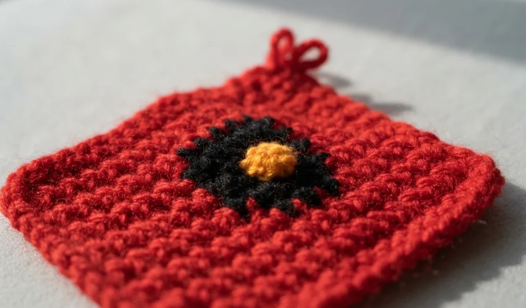 Flat red crocheted square panel with a black crocheted rosette shape and a yellow center, a small red yarn loop at the top edge, resting on a pale surface.