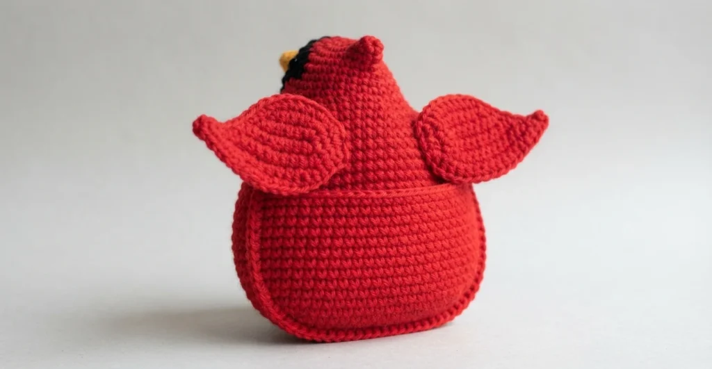 Crocheted red cardinal amigurumi seen from behind, with two outstretched red wings, a black patch on the head and a small yellow beak tip, standing on a plain light background.