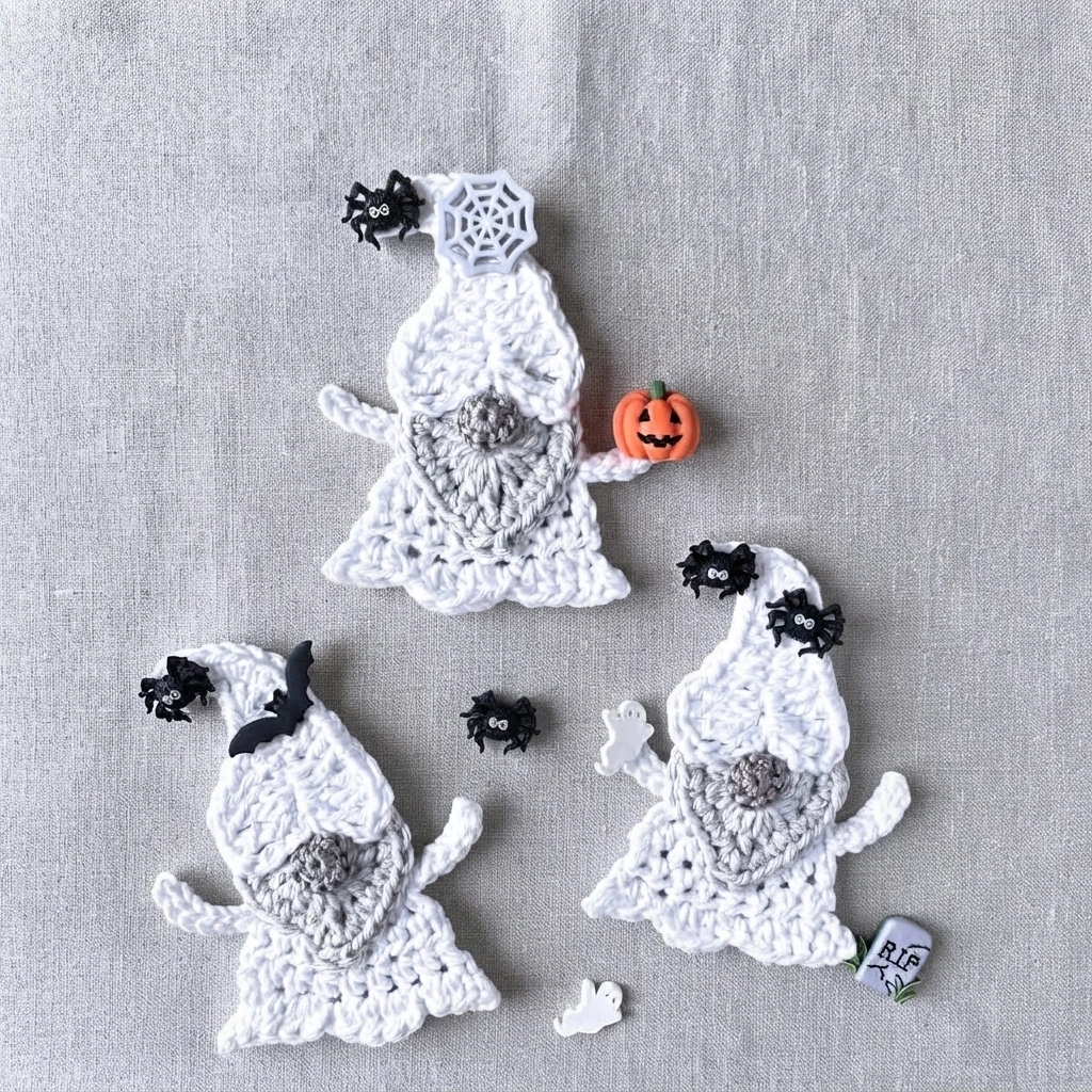 Three crocheted white ghost gnomes with grey beards and pointed caps arranged on grey fabric, each decorated with small Halloween buttons such as spiders, bats, a pumpkin, a ghost and a spiderweb.