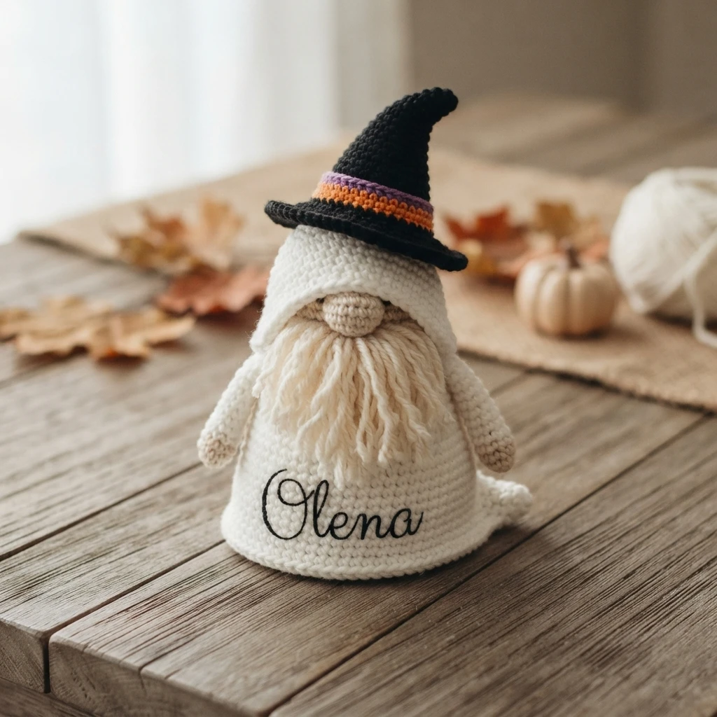 Crochet gnome with a white body and cream fringe beard, wearing a black pointed witch hat with orange and purple stripes, sitting on a wooden table with autumn leaves, a small pale pumpkin and a ball of yarn, with the word Olena written acr
