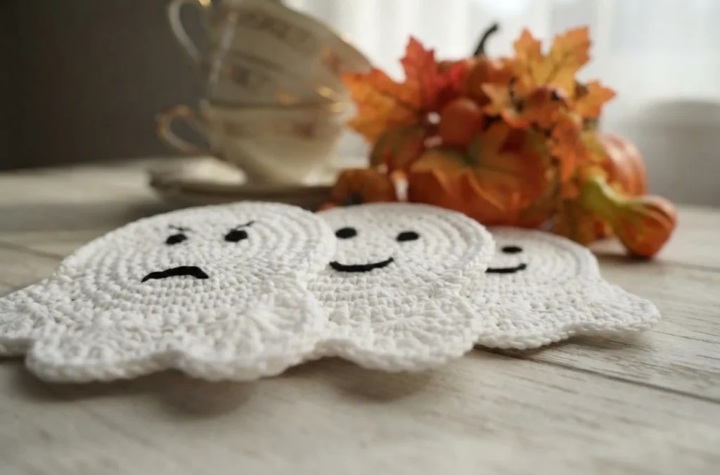 Three white crocheted ghost coasters with embroidered black faces resting on a light wooden table, with a teacup and autumn leaf decorations blurred in the background.